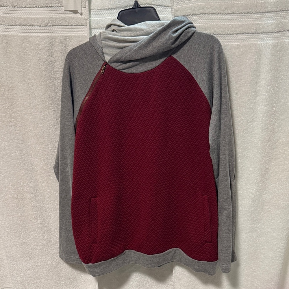 Fancyqube Chic Red and Gray Asymmetrical Double Hoodie A39